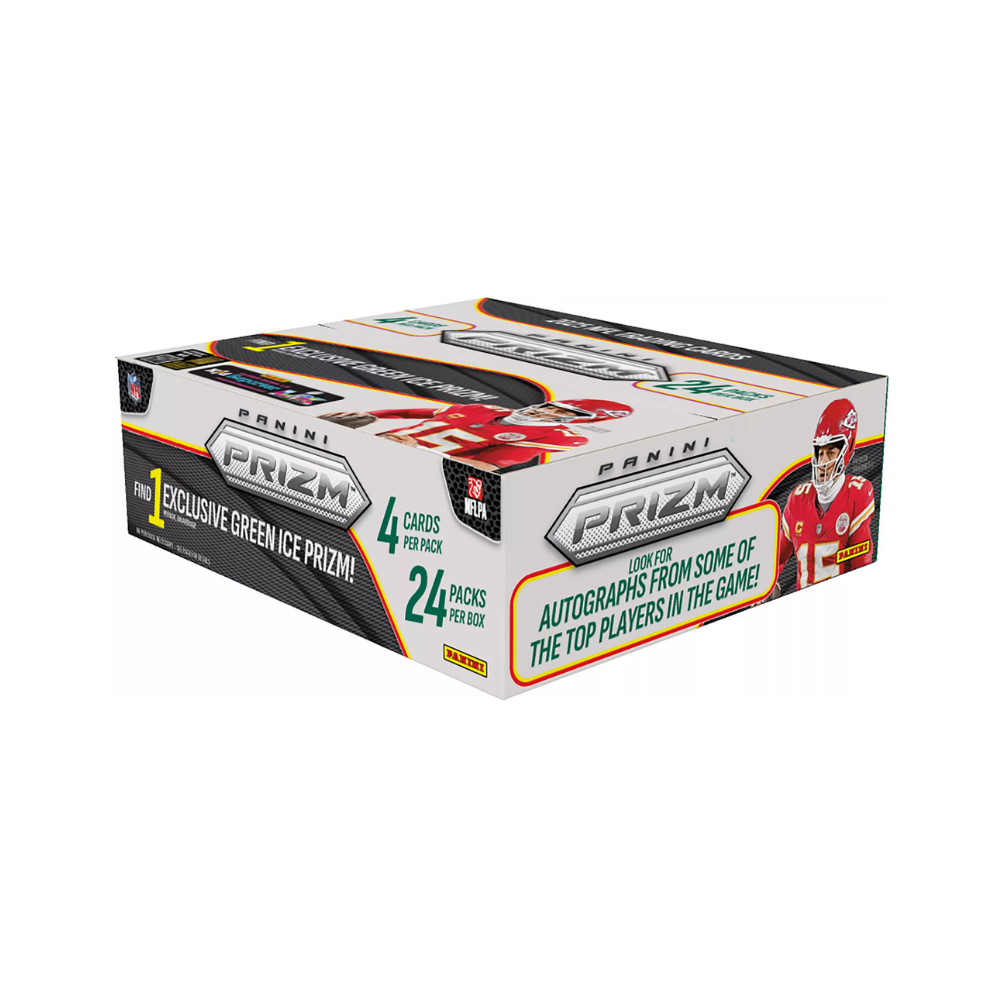 Box of Panini Prizm sports trading card packs on a white background
