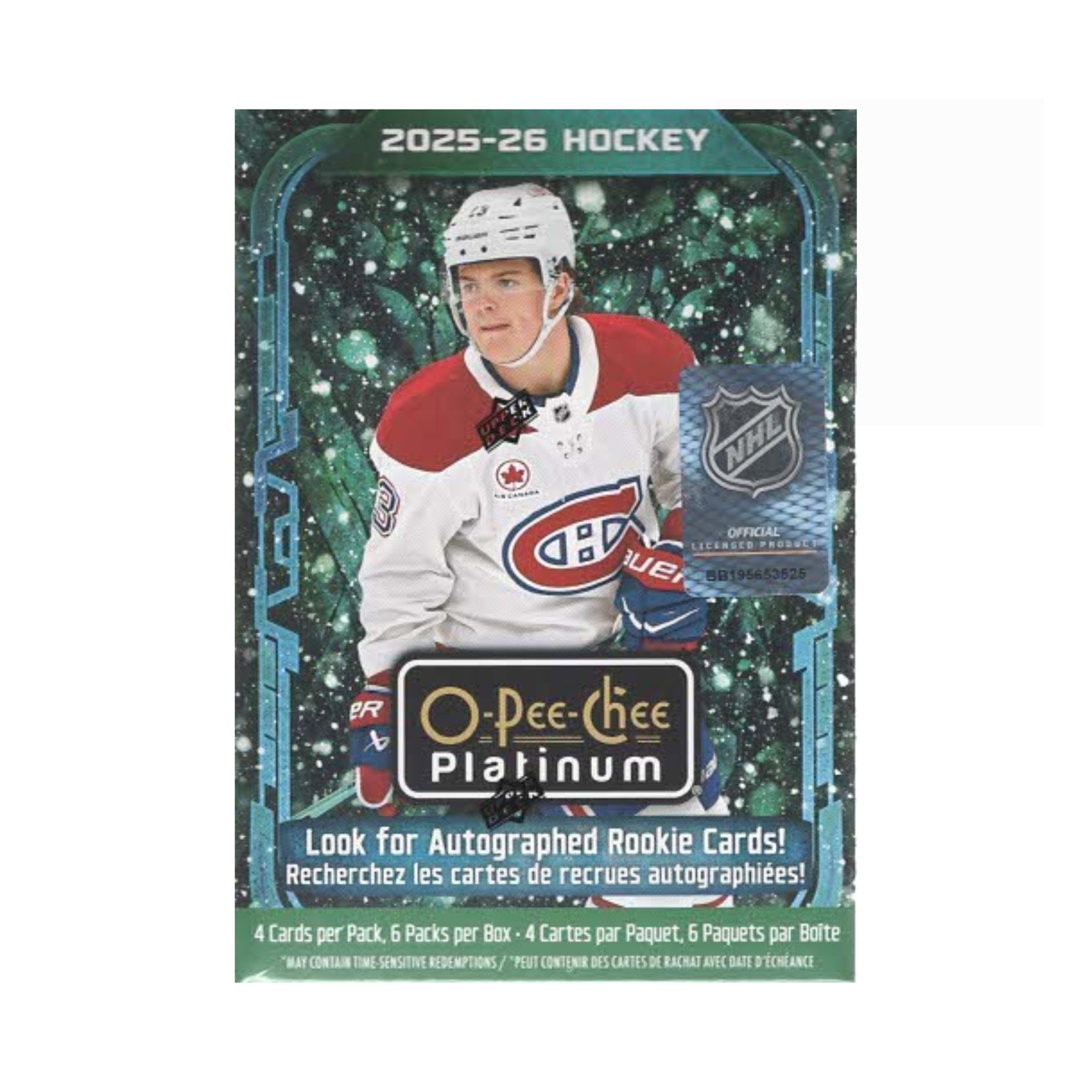 Hockey trading card packaging featuring a player in a white jersey with red accents, NHL logo, and O-Pee-Chee Platinum branding.