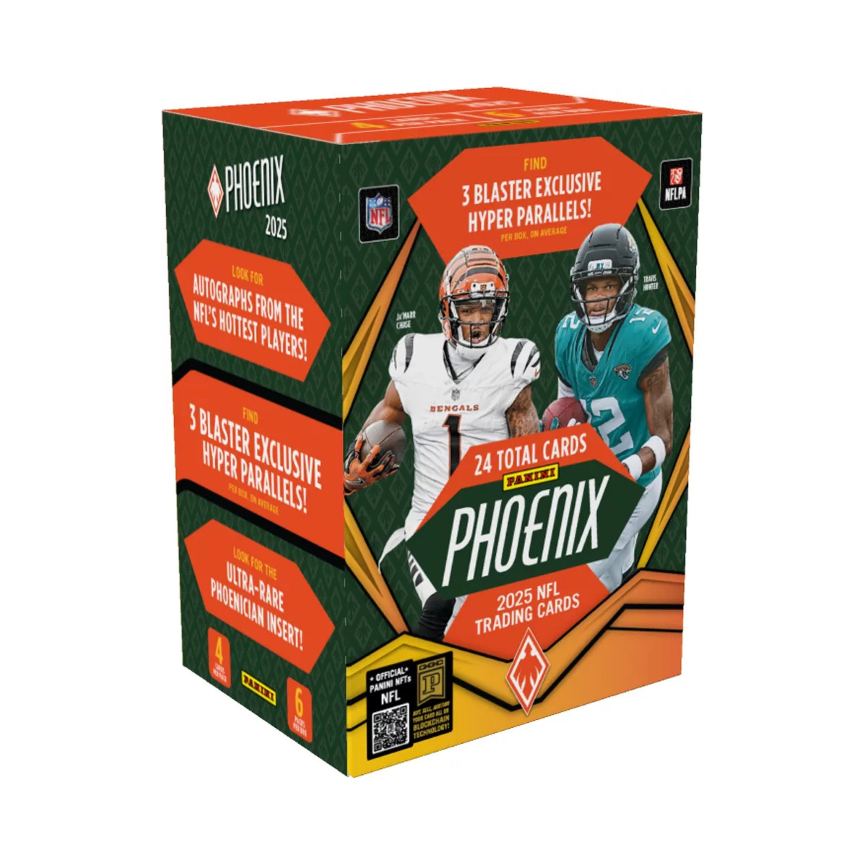 Phoenix 2025 NFL trading card blaster box with two football players.