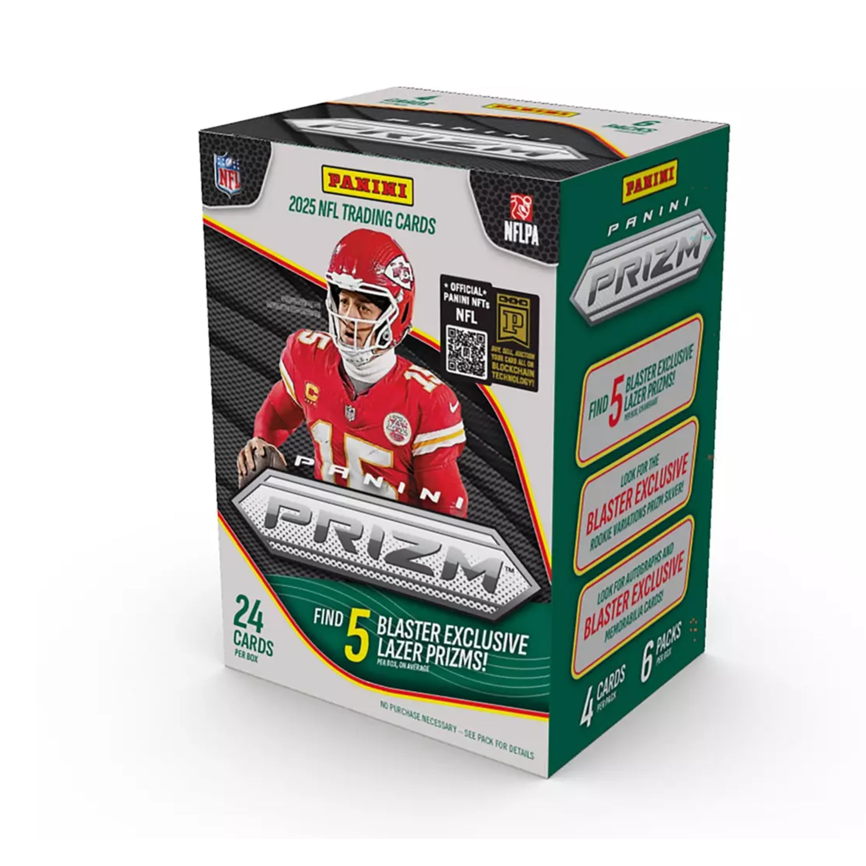 Panini Prizm 2025 trading cards packaging with a football player on the front.