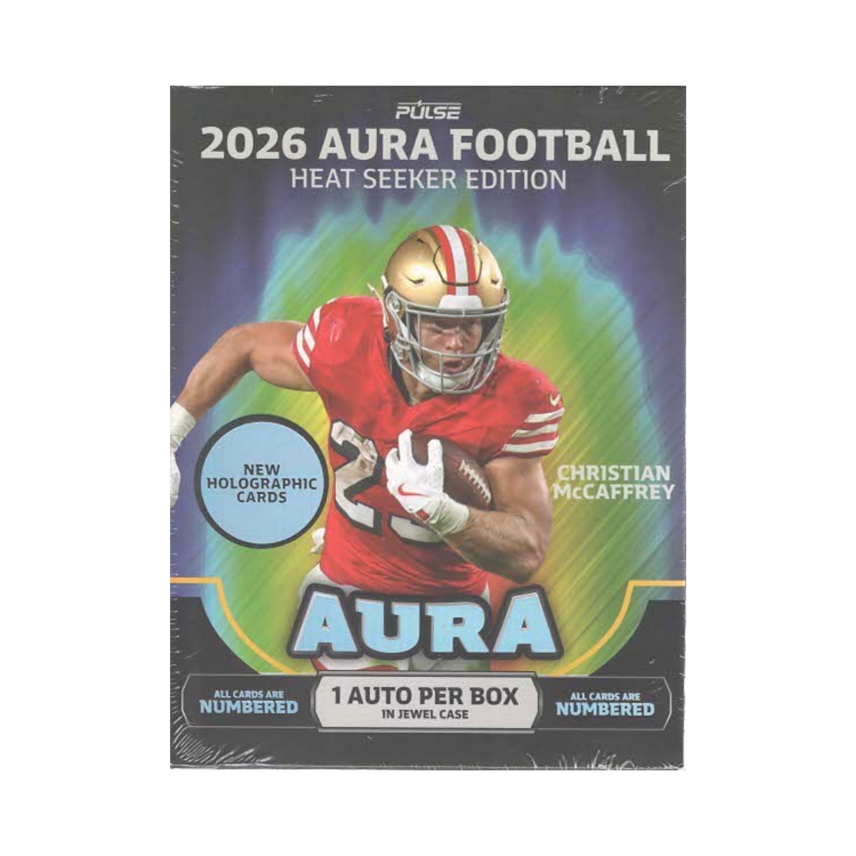 A sealed 2026 Aura Football Heat Seeker Edition trading card box by Pulse. The front features a football player in a red jersey and gold helmet against a green and blue glowing background, with text including 'CHRISTIAN McCAFFREY' and 'NEW HOLOGRAPHIC CARDS'.