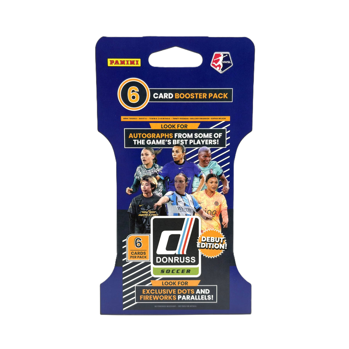 Panini Donruss Soccer card booster pack in its original blue hanging packaging, featuring soccer player photos and product details.