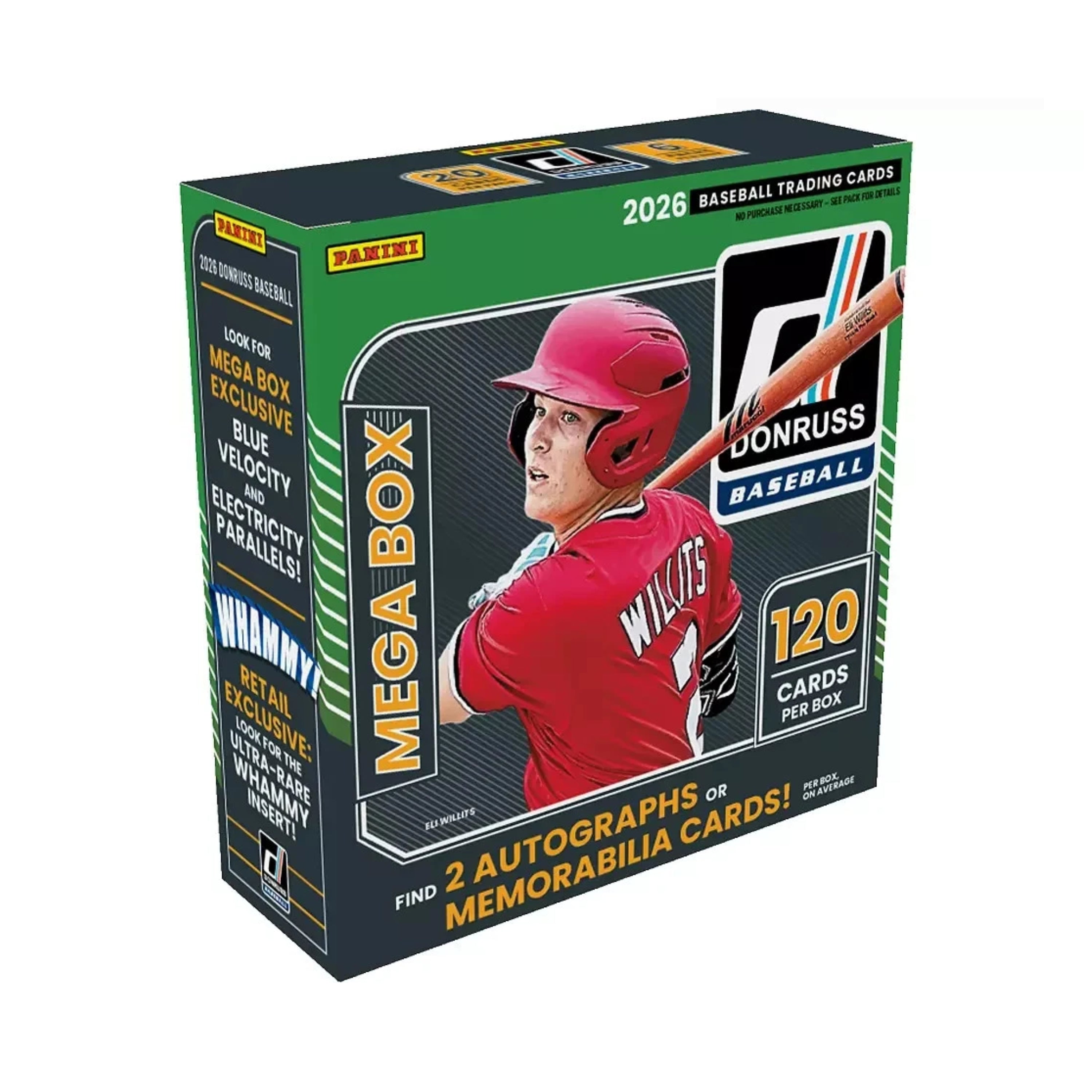 Baseball trading card box with player image and text on a white background