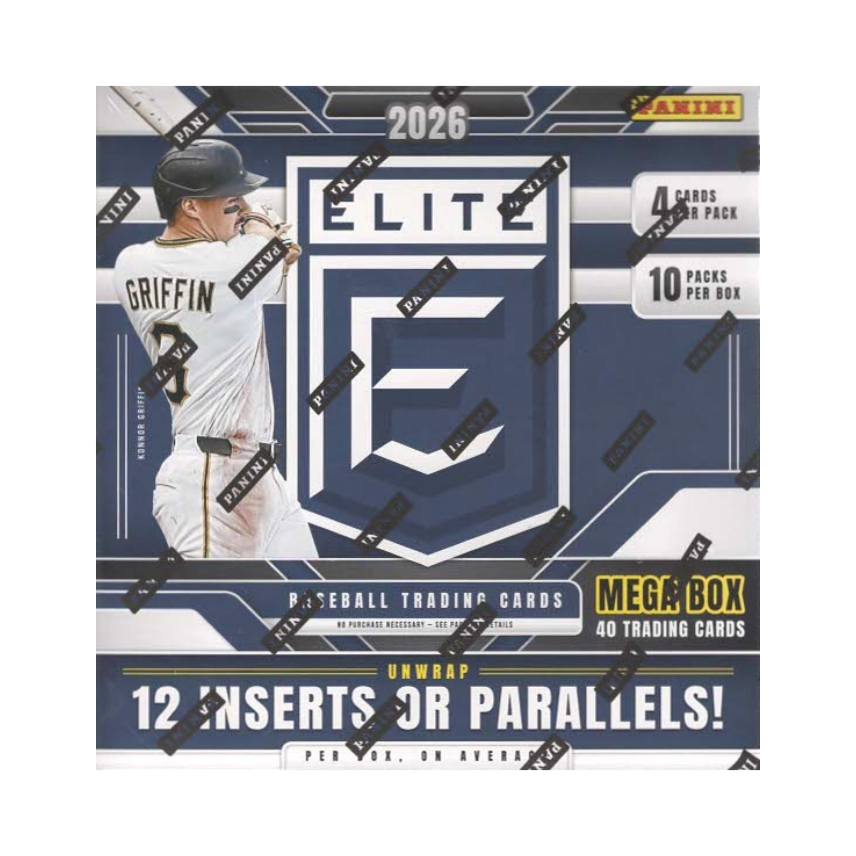 Panini Elite Baseball Trading Cards 2026 Mega Box card box, featuring a navy blue and white design with a baseball player graphic, sealed in protective packaging with diagonal 'Panini' tape overlays.