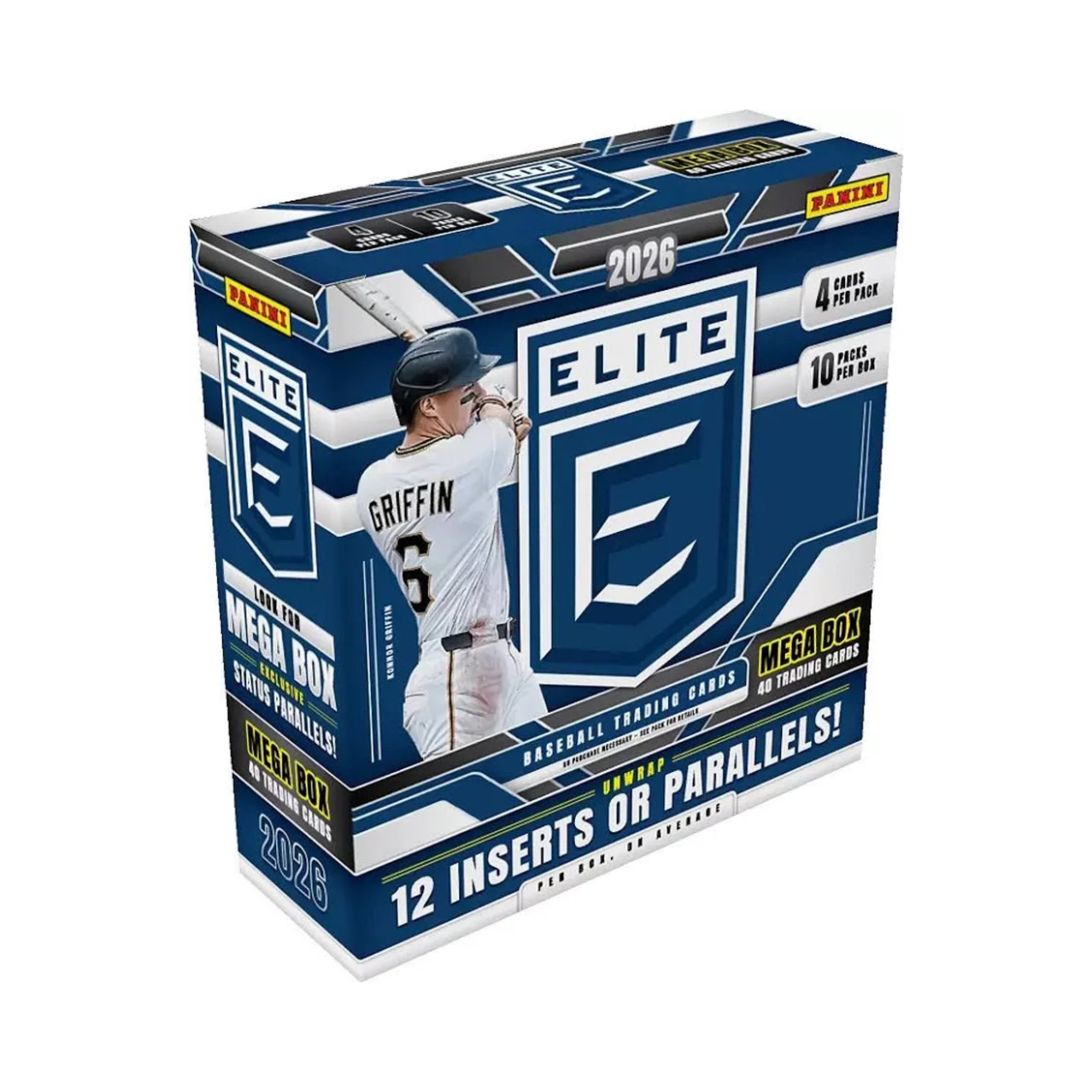 Panini Elite E 2026 Baseball trading card mega box featuring a baseball player on the front, with blue, white, and black packaging and text including '12 Inserts or Parallels!'.