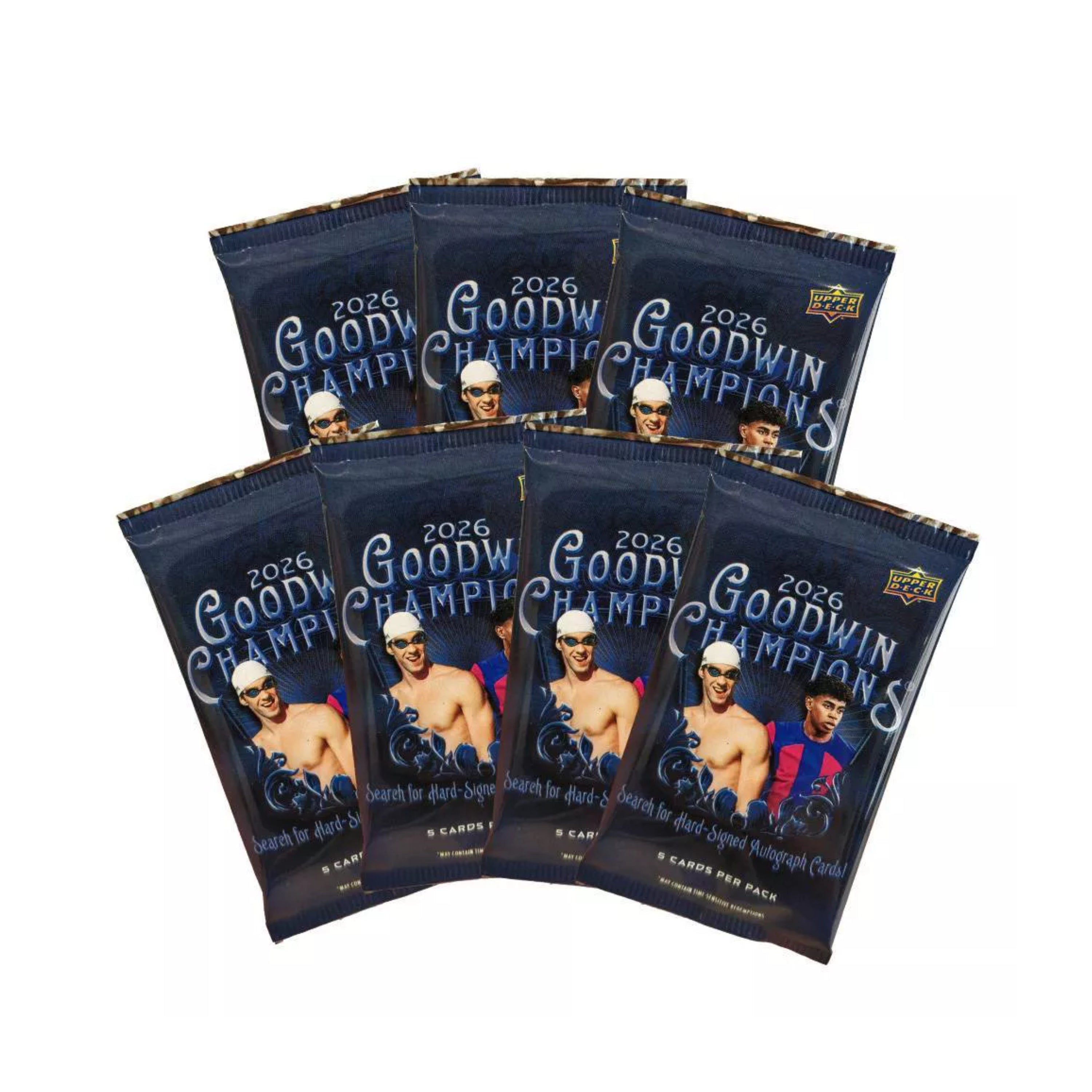 Six packs of 2026 Goodwin Champions basketball trading cards arranged in two rows on a plain white background. The packs are dark blue with white and light blue text and feature photos of basketball players.