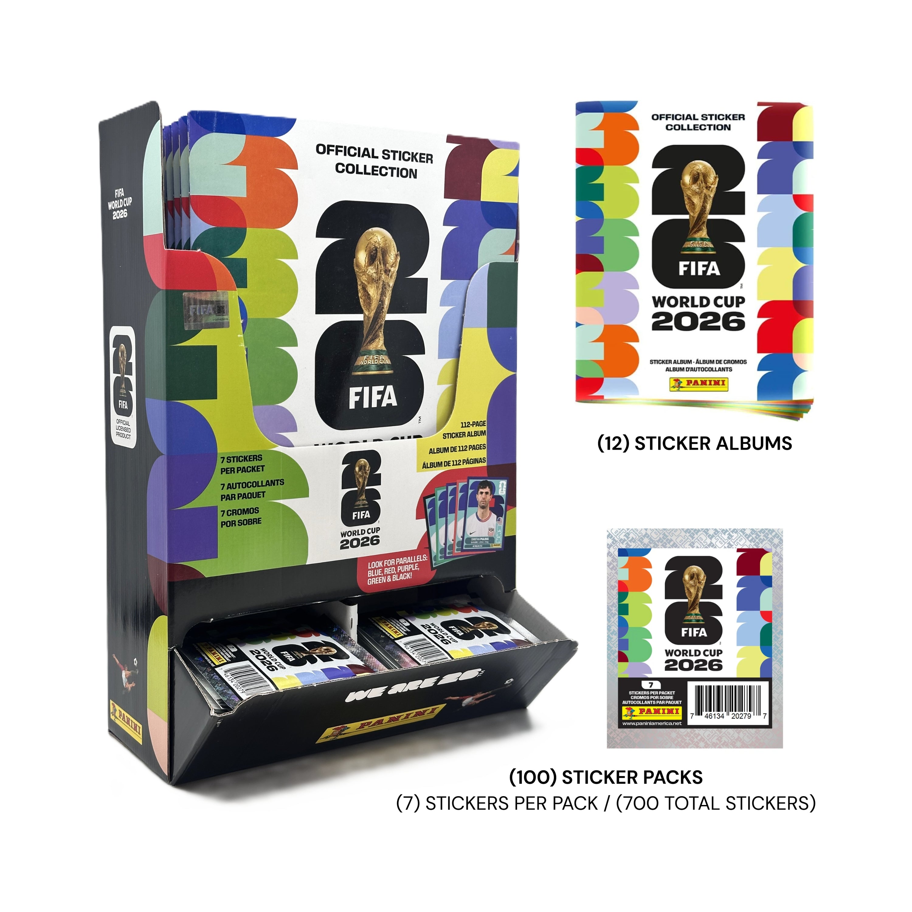 2026 Panini World Cup Soccer Sticker Counter Display (100 Sticker Packs + 12 Albums)