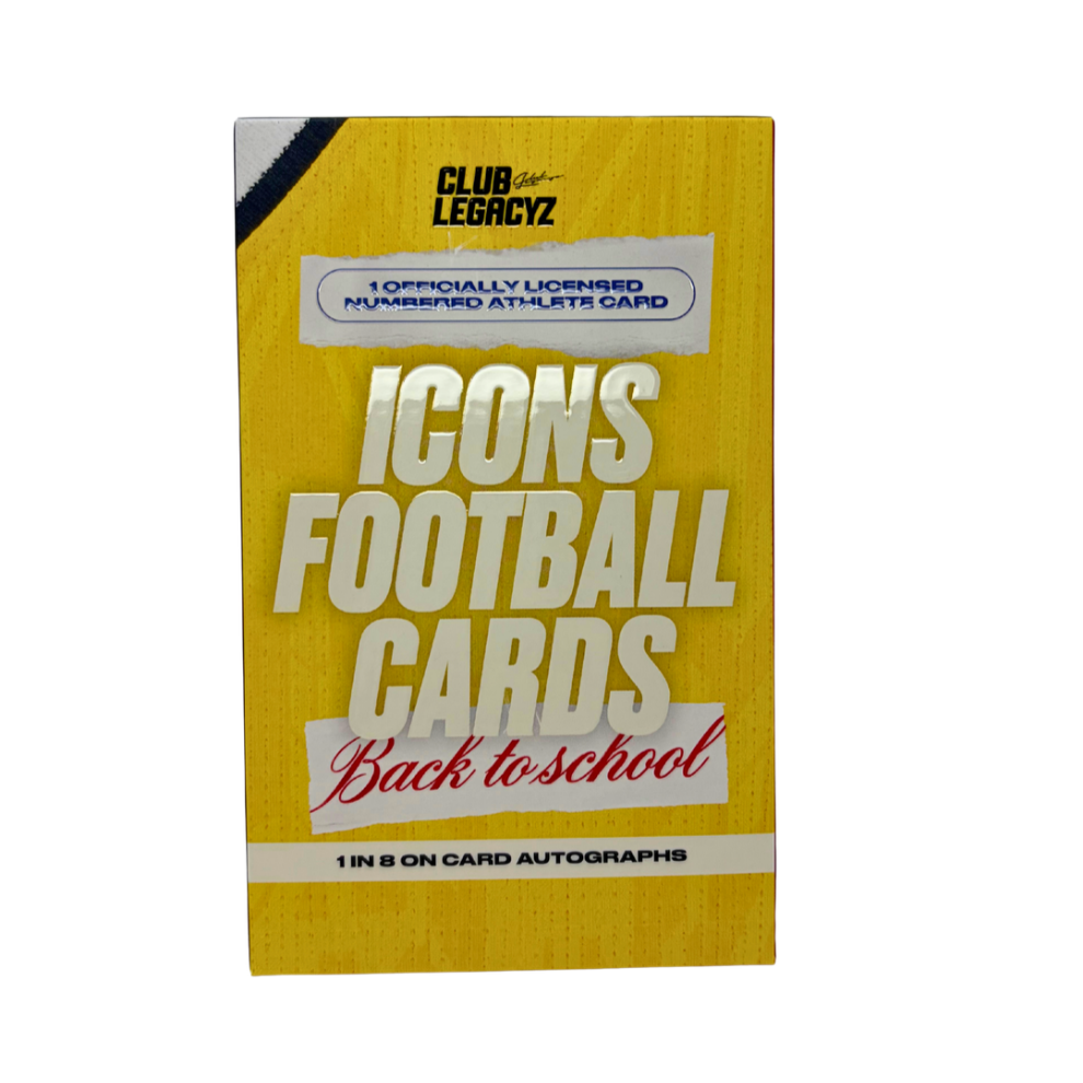 A yellow Club Legacyz Icons Football Cards Back to School autograph card box, shown against a plain white background.