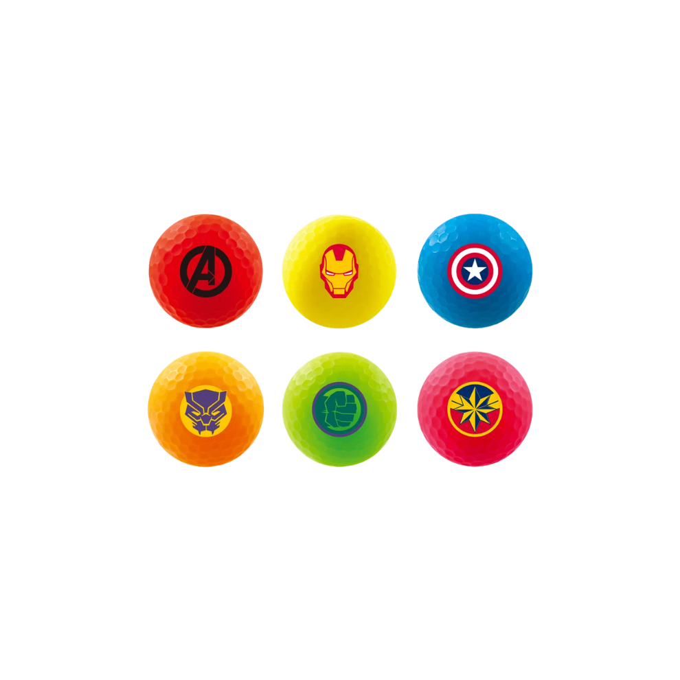 Six colorful golf balls arranged in a 2x3 grid on a white background, each featuring a different superhero logo: Avengers, Iron Man, Captain America, Black Panther, Hulk, and Spider-Man.