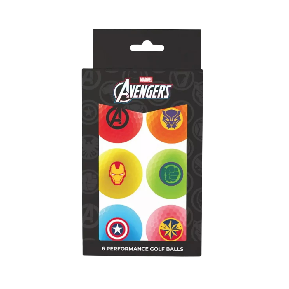 Marvel Avengers 6-pack of performance golf balls in retail packaging, featuring colorful balls with logos of Avengers characters on a black carded box.