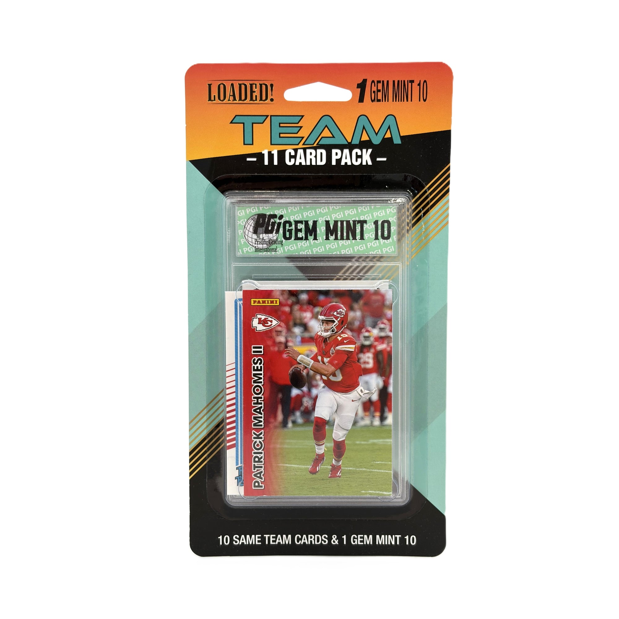Kansas City Chiefs PGI Gem Mint 10 Graded Card + 10 Same Team Cards Blister Pack